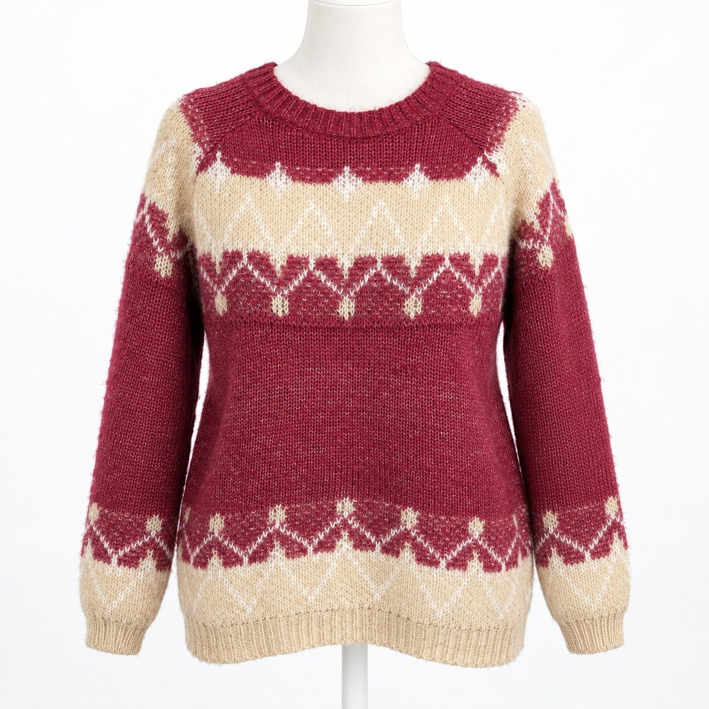 Nordic 100% Mohair Fair Isle Sweater Size XL Red Apre Ski Cottagecore Crewneck